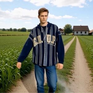 Vintage E.N.U.F Blue and Cream Striped Hoodie Shirt